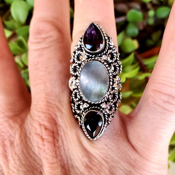 New Abalone Shell & Amethyst 925 Silver Statement Ring. - Picture 10 of 16